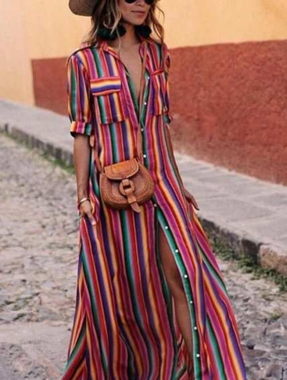 All Things Mochi Striped Shirt Maxi Dress Isabella Rainbow Size Medium